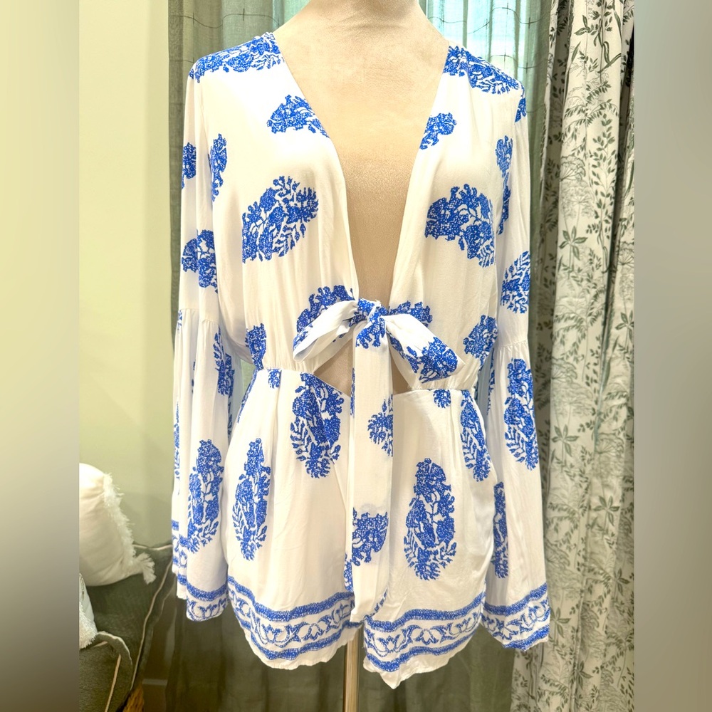 Bell sleeve boho hippy coral blue white vacation romper